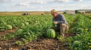 Persona cosechando sandias en campo abierto